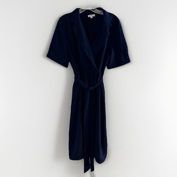 Böhme‎ Navy Wrap Dress Size Large Pockets  Midi Belted Classic Chic Style - Picture 4 of 12
